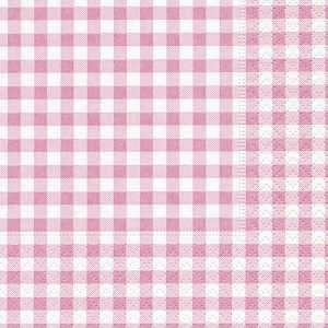 P+D 3ply 25cm Vichy Rose/ gingham cocktail Napkin. 20 Cocktail napkins per package 12.7 x 12cm when open, 25 x 25cm when closed Biodegradable/ environmentally friendly/ bleached without chlorine/ water-based colours Made in Germany