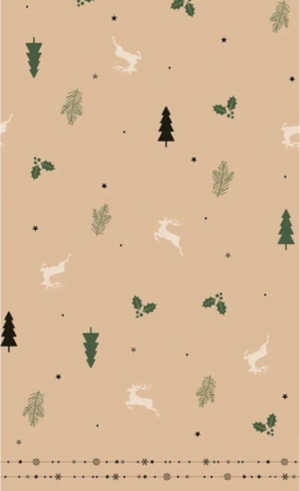Pattern of deer, trees, and holly leaves on a beige background