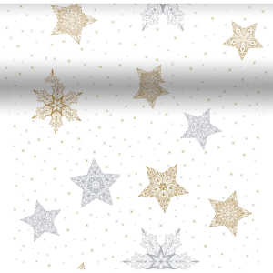 Dunicel 3 in 1 tablerunner Snowstars White  gold and silver stars design on a white background