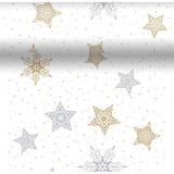 Dunicel 3 in 1 tablerunner Snowstars White  gold and silver stars design on a white background