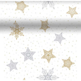 Dunicel 3 in 1 tablerunner Snowstars White  gold and silver stars design on a white background