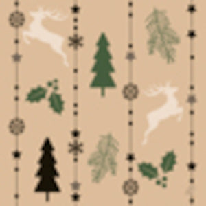 Pattern of reindeer, trees, and holly leaves on a natural background