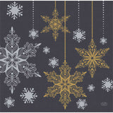 Decorative pattern of gold and silver snowflakes on a black background