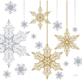 Decorative snowflakes in gold and silver on a white background