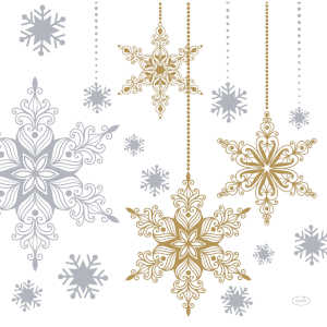 Decorative snowflakes in gold and silver on a white background