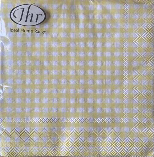 IHR 3ply 33cm Vichy light yellow luncheon Napkin. Gingham design Triple-ply material offers convenience and durability. 20 Luncheon Napkins per Package 16.5 x 16.5 cm when closed, 33 x 33cm when open