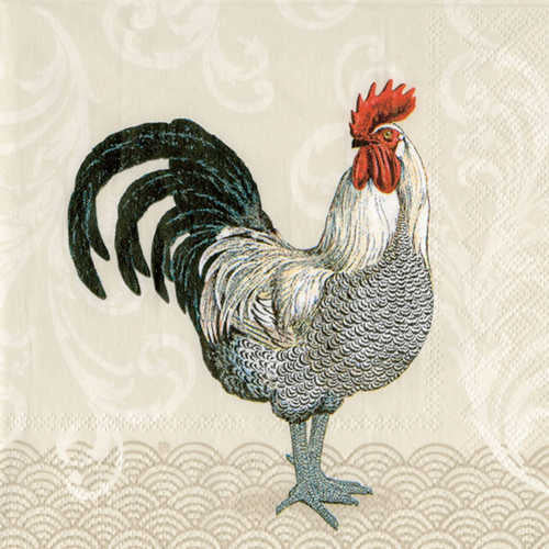 IHR 3ply 33cm Mr Rooster cream luncheon Napkin. Triple-ply material offers convenience and durability. 20 Luncheon Napkins per Package 16.5 x 16.5 cm when closed, 33 x 33cm when open