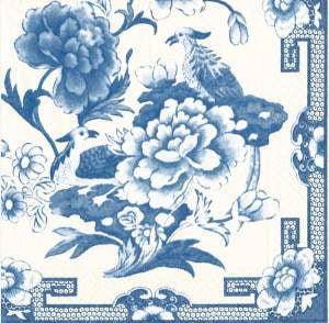 Caspari 3ply 40cm Blue and White Napkin. In this Design: Inspired by the traditional motifs of blue & white porcelain designs, this style features phoenix birds and scrolling floral patterns.