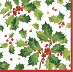 Caspari 3ply 40cm Gilded Holly Napkin. Artist or Collection: Pamela Gladding In this Design: Painted holly leaves and cheerful red berries are accented in hints of warm gold