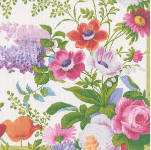 Caspari 3ply 40cm Edwardian Garden Napkin. Artist or Collection: Musee De L'Impression In this Design: Adapted from an original textile in the Muse de L'Impression sur toffes, Mulhouse, these graceful flowers transport you to the French countryside on a sunny day.