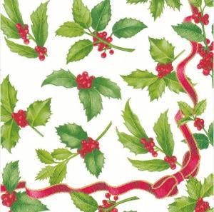 Caspari 3ply 40cm Holly Toss in Ivory Napkin. Artist or Collection: Karen Kluglein In this Design: A Caspari classic created by a favorite artist, the festive red and green of holly leaves and berries are framed by a rippling red ribbon and bow edged in gold.