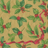 Caspari 3ply 40cm Holly Toss in Gold Napkin. Artist or Collection: Karen Kluglein In this Design: A Caspari classic created by a favorite artist, the festive red and green of holly leaves and berries are framed by a rippling red ribbon and bow edged in gold.