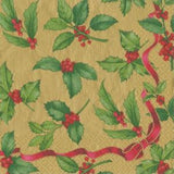 Caspari 3ply 40cm Holly Toss in Gold Napkin. Artist or Collection: Karen Kluglein In this Design: A Caspari classic created by a favorite artist, the festive red and green of holly leaves and berries are framed by a rippling red ribbon and bow edged in gold.