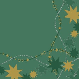 Dunilin Dancing Stars Green Christmas 40cm napkin/ serviette.  Dinner size napkin The ultimate linen look and feel.  Folds like a dream Embossed.  Soft.  Thick Dunilin napkins are compostable and FSC certified