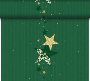 Dunicel® Christmas Tête-à-Tête 0,4 x 24 m Walk of Fame Green  Pre-cut every 1.2m, our tete a tetes are perfect for draping your table easily and quickly.  They can also be used as tablerunners or combined with Dunicel banquet reels.