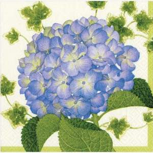Caspari 3ply 25cm Hydrangea Napkin. Artist or Collection: Karen Fjord Kjaersgaard Triple-ply material offers convenience and durability. Printed in Germany using non-toxic, water-based inks. 20 Cocktail Napkins per Package 12.7 x 12.7 cm when closed, 25 x 25 cm when open