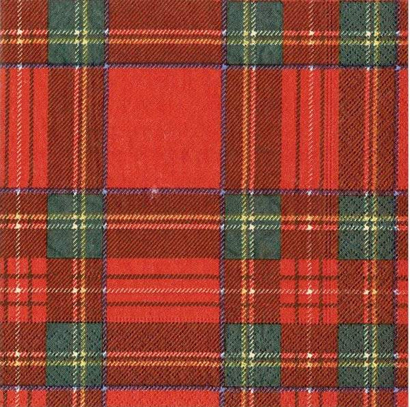 Caspari 3ply 25cm Royal Plaid Napkin. In this Designed by traditional Scottish tartan, this classic plaid pattern consists of bold red and green stripes with hints of yellow and navy.