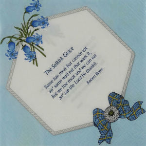 Bluebells and Graces 3ply 33cm paper luncheon napkins. Bluebells design with quotes and graces by Robert Burns.