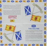 Scottish Flags 3ply 33cm paper luncheon napkins. Different design on each quarter.  The history of both the Saltire and the Lion Rampant flags explained.