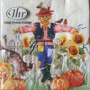 Ideal Home Range 3ply 33cm Scarecrow Cream Napkin. Triple-ply material offers convenience and durability. 20 Cocktail Napkins per Package 12.5 x 12.5 cm when closed, 25 x 25cm when open