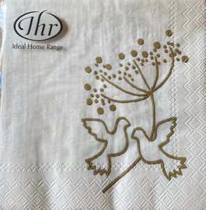 IHR 3ply 25cm Turtle Doves Gold Napkin - wedding design Triple-ply material offers convenience and durability. Biodegradable, environmetally friendly, bleached without chlorine, paper from responsible sources, water-based colours 20 Cocktail Napkins per Package 12.7 x 12.7 cm when closed, 25 x 25 cm when open