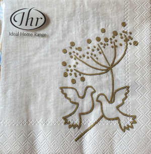 IHR 3ply 25cm Turtle Doves Gold Napkin - wedding design Triple-ply material offers convenience and durability. Biodegradable, environmetally friendly, bleached without chlorine, paper from responsible sources, water-based colours 20 Cocktail Napkins per Package 12.7 x 12.7 cm when closed, 25 x 25 cm when open