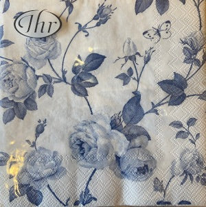Ideal Home Range 3ply 33cm Rambling Rose White & Blue Napkin. Triple-ply material offers convenience and durability. 20 Luncheon Napkins per Package 16.5 x 16.5 cm when closed, 33 x 33cm when open
