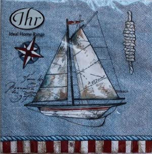 IHR 3ply 33cm Starboard Blue luncheon Napkin. Nautical design featuring a sailboat, anchor and a gull
