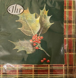 Ideal Home Range 3ply 33cm Tradition Green Napkin.  Christmas design, green napkins with holly  Triple-ply material offers convenience and durability. 20 Luncheon Napkins per Package 16.5 x 16.5 cm when closed, 33 x 33cm when open