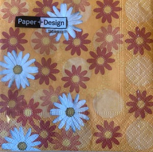 Paper + Design 3ply 25cm Daisies all Over Napkin. Triple-ply material offers convenience and durability. Biodegradable, environmetally friendly, bleached without chlorine, paper from responsible sources, water-based colours 20 Cocktail Napkins per Package 12.7 x 12.7 cm when closed, 25 x 25 cm when open