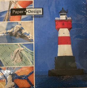 Paper + Design 3ply 33cm Over the Sea Napkin. Light House Design. Triple-ply material offers convenience and durability. 20 Luncheon Napkins per Package 16.5 x 16.5 cm when closed, 33 x 33cm when open