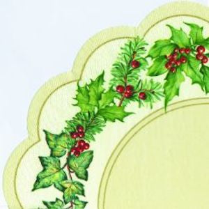 Rondo Christmas Garland Cream 3ply 34cm tissue (luncheon size) rondo napkins/ serviettes.  Scalloped edged round napkin by Ideal Home Range.  Available in packs of 12 napkins