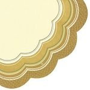 Rondo Stripes Gold 3ply 34cm tissue (luncheon size) rondo napkins/ serviettes.  Scalloped edged round napkin by Ideal Home Range.  Available in packs of 12 napkins