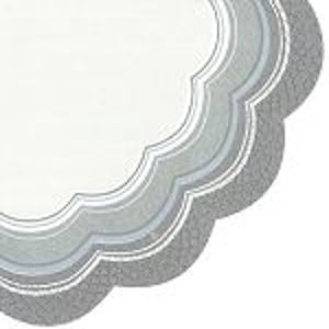 Rondo Stripes Silver 3ply 34cm tissue (luncheon size) rondo napkins/ serviettes.  Scalloped edged round napkin by Ideal Home Range.  Available in packs of 12 napkins
